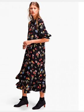 STRADIVARIUS Floral Midi Maxi Shirt Dress Size M Black Flowy Cottagecore